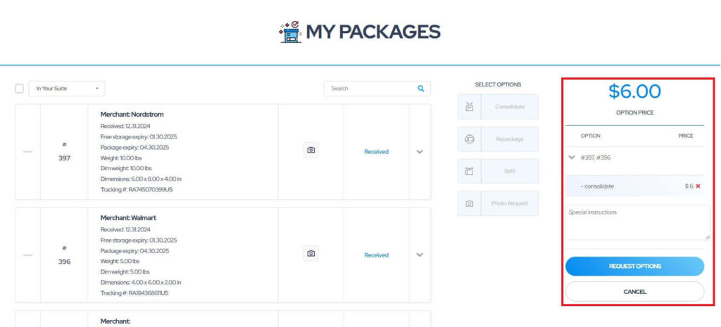 how to request parcel consolidation service mymallbox 2