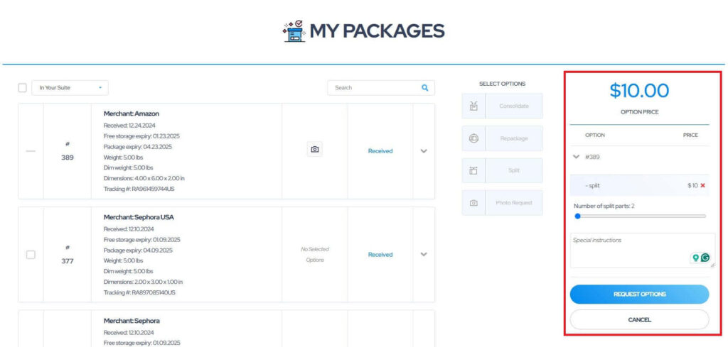 how to request split packaging mymallbox 2